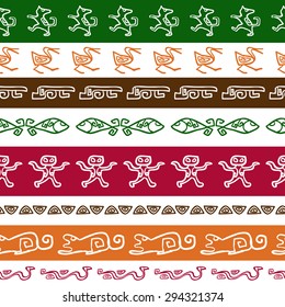 Seamless ethnic pattern with green, red, orange color animality ornament. Repeat straight stripes texture background, vector.