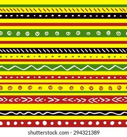 Seamless ethnic pattern with green, yellow, red bright color stripes. Repeat straight stripes texture background, vector.