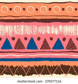 Seamless ethnic pattern with grunge hand drawn elements, triangles, circles, dots and stripes.