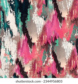 Seamless ethnic pattern with grunge textured abstract batik tie dye ikat background in pink, black and blue colors