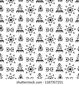 Seamless ethnic pattern. Hand drawn abstract background. Black and white geometric Aztec Ornament Elements. Vector illustration.