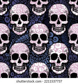 Seamless ethnic pattern with hand drawn skulls. Vector Illustration