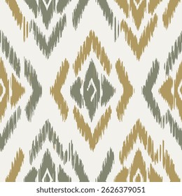 Seamless ethnic pattern with hand drawn art abstract brush and ikat background elements in brown and gray colors. Carpet and rug pattern with ethnic design