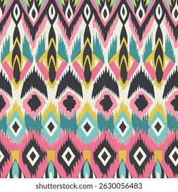 Seamless ethnic pattern with hand drawn art abstract ikat background elements in pink, green, yellow and black. Abstract carpet and rug pattern