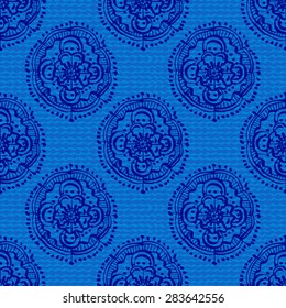 Seamless Ethnic Pattern with Hand Drawn Medallions on Blue Textured Background. Vector Illustration.