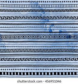 Seamless ethnic pattern. Hand drawn ornament. Blue and black vector illustration. Texture.