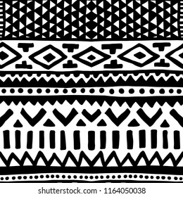 Seamless ethnic pattern. Handmade. Horizontal stripes. Black and white print for your textiles. Vector illustration.