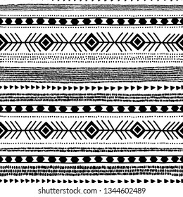 Seamless ethnic pattern. Handmade. Horizontal stripes. Black and white print for your textiles. Vector illustration.