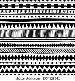 Seamless ethnic pattern. Handmade. Horizontal stripes. Black and white print for your textiles. Vector illustration.