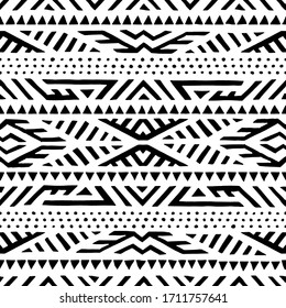 Seamless ethnic pattern. Handmade. Horizontal stripes. Black and white cute print for your textiles. Vector illustration.