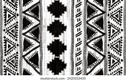 Nahtlose ethnische Muster, handgefertigte, horizontale Streifen, schwarz-weißer Druck. Tribal Boho geometrische Ornamente. Vektorgrafik.  Decke, Teppich. Teppichböden	
