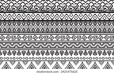 Seamless ethnic pattern, handmade, horizontal stripes, black and white print for your textiles, vector illustration.