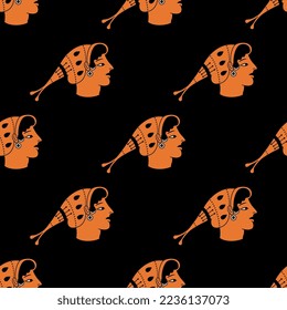 Seamless ethnic pattern with heads of ancient Greek women wearing funny hats or caps. Vase painting style. On black background.