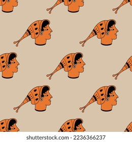 Seamless ethnic pattern with heads of ancient Greek women wearing funny hats or caps. Vase painting style. On light background.