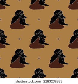 Seamless ethnic pattern with heads of bearded ancient Greek men. Vase painting style.