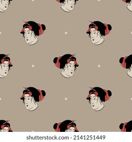 Seamless ethnic pattern with heads of beautiful Japanese woman. On light background. Traditional oriental style.