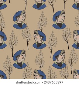 Seamless ethnic pattern with heads of a beautiful Persian girl and stylized blooming tree branches. Traditional Iranian medieval art.