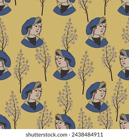 Seamless ethnic pattern with heads of a beautiful Persian girl and stylized blooming tree branches. Traditional Iranian medieval art. On yellow gold background.