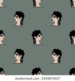 Seamless ethnic pattern with heads of a Cretan Minoan women. Female portrait in profile. Pretty woman or goddess. La Parisienne fresco from Knossos.