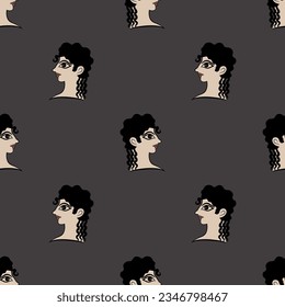 Seamless ethnic pattern with heads of a Cretan Minoan women. Female portrait in profile. Pretty woman or goddess. La Parisienne fresco from Knossos. On dark background.