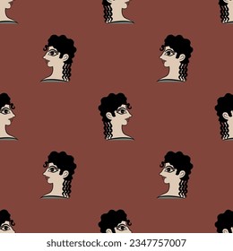 Seamless ethnic pattern with heads of a Cretan Minoan women. Female portrait in profile. Pretty woman or goddess. La Parisienne fresco from Knossos. On red background.