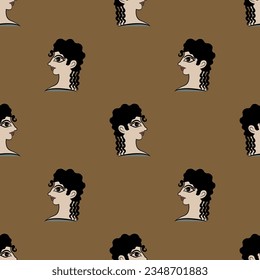 Seamless ethnic pattern with heads of a Cretan Minoan women. Female portrait in profile. Pretty woman or goddess. La Parisienne fresco from Knossos. On brown background.