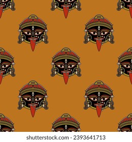 Seamless ethnic pattern with of heads of goddess Kali. Hindu masks. Indian female deity of destruction. On orange background.