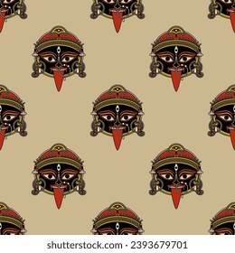 Seamless ethnic pattern with of heads of goddess Kali. Hindu masks. Indian female deity of destruction. On beige background.