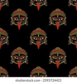 Seamless ethnic pattern with of heads of goddess Kali. Hindu masks. Indian female deity of destruction. On black background.