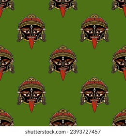 
Seamless ethnic pattern with of heads of goddess Kali. Hindu masks. Indian female deity of destruction. On green background.