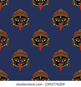 
Seamless ethnic pattern with of heads of goddess Kali. Hindu masks. Indian female deity of destruction. On blue background.