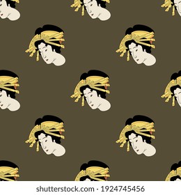 Seamless ethnic pattern with heads of Japanese woman. Traditional vintage style.