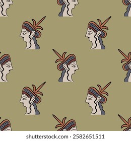 Seamless ethnic pattern with heads of Mycenaean women. Print with fncient Greek ladies or goddesses. On yellow gold background.