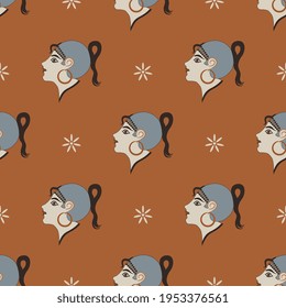 Seamless ethnic pattern with heads of pretty girl and flowers or stars. 