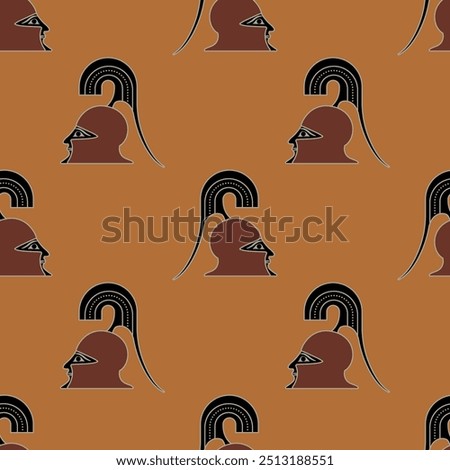 Seamless ethnic pattern with helmeted heads of ancient Greek warriors. Vase painting style.