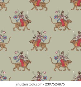 Seamless ethnic pattern with Hindu warrior goddess Durga riding a tiger. Traditional Indian folk motif. On white background.