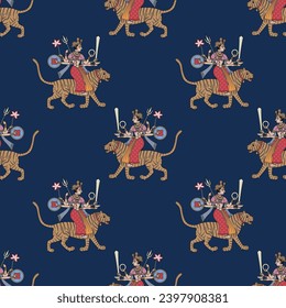 Seamless ethnic pattern with Hindu warrior goddess Durga riding a tiger. Traditional Indian folk motif. On blue background.