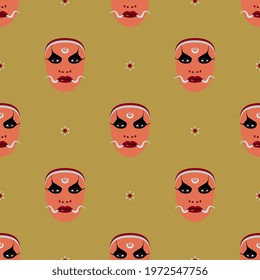 Seamless ethnic pattern with human faces or masks. Indian folk theater actor from Kerala in stage makeup. On yellow gold background.