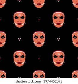 Seamless ethnic pattern with human faces or masks. Indian folk theater actor from Kerala in stage makeup. On black background.