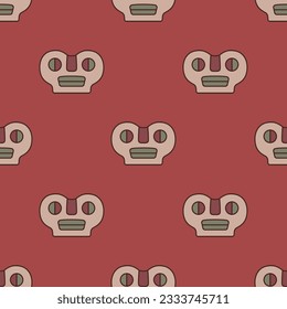 Seamless ethnic pattern with human skulls. Native American design from Tiwanaku. Wari culture from ancient Bolivia. On red background.