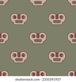 Seamless ethnic pattern with human skulls. Native American design from Tiwanaku. Wari culture from ancient Bolivia. On green background.