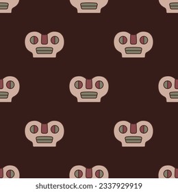 Seamless ethnic pattern with human skulls. Native American design from Tiwanaku. Wari culture from ancient Bolivia. On maroon brown background.