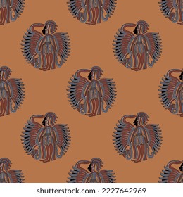 Seamless ethnic pattern with indigenous Mayan motifs. Indian warrior with feathered wings. Pre Columbian Native American design. On orange background.