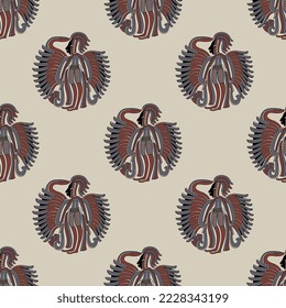 Seamless ethnic pattern with indigenous Mayan motifs. Indian warrior with feathered wings. Pre Columbian Native American design. On white background.
