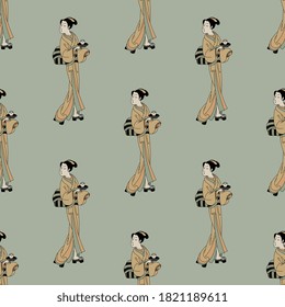 Seamless ethnic pattern with Japanese women holding cup of tea or coffee. Traditional style. Tea ceremony.