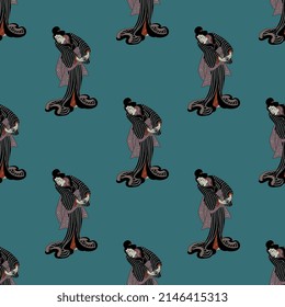 Seamless ethnic pattern with Japanese women in kimono. On turquoise blue background. Traditional Oriental style.