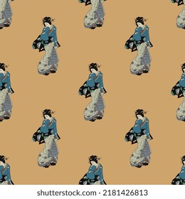 Seamless ethnic pattern with Japanese women. Traditional style. On orange background.