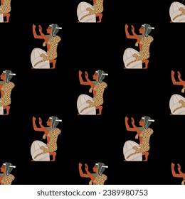 Seamless ethnic pattern with kneeling praying ancient Egyptian men. On black background.