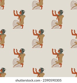 Seamless ethnic pattern with kneeling praying ancient Egyptian men. On white background.