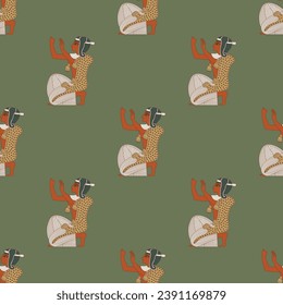 Seamless ethnic pattern with kneeling praying ancient Egyptian men. On green background.